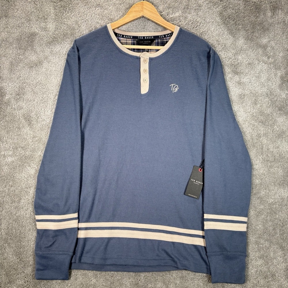 Ted Baker Henley Shirt‎ Mens XL Blue Striped Micro Waffle Knit Thermal NWT
